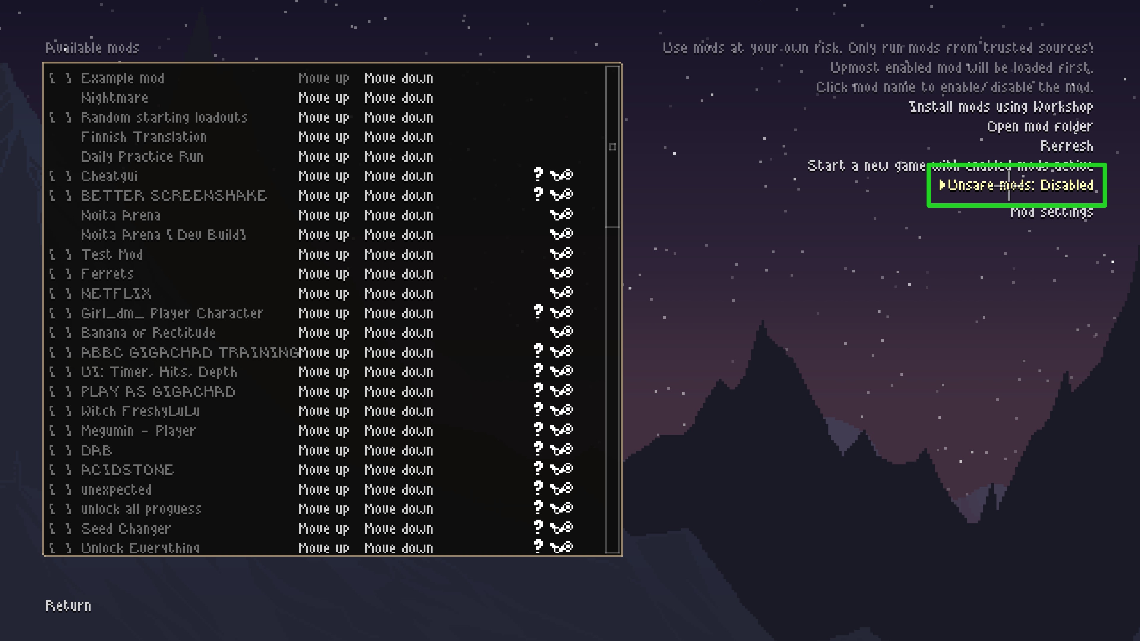 Noita unsafe mods disabled